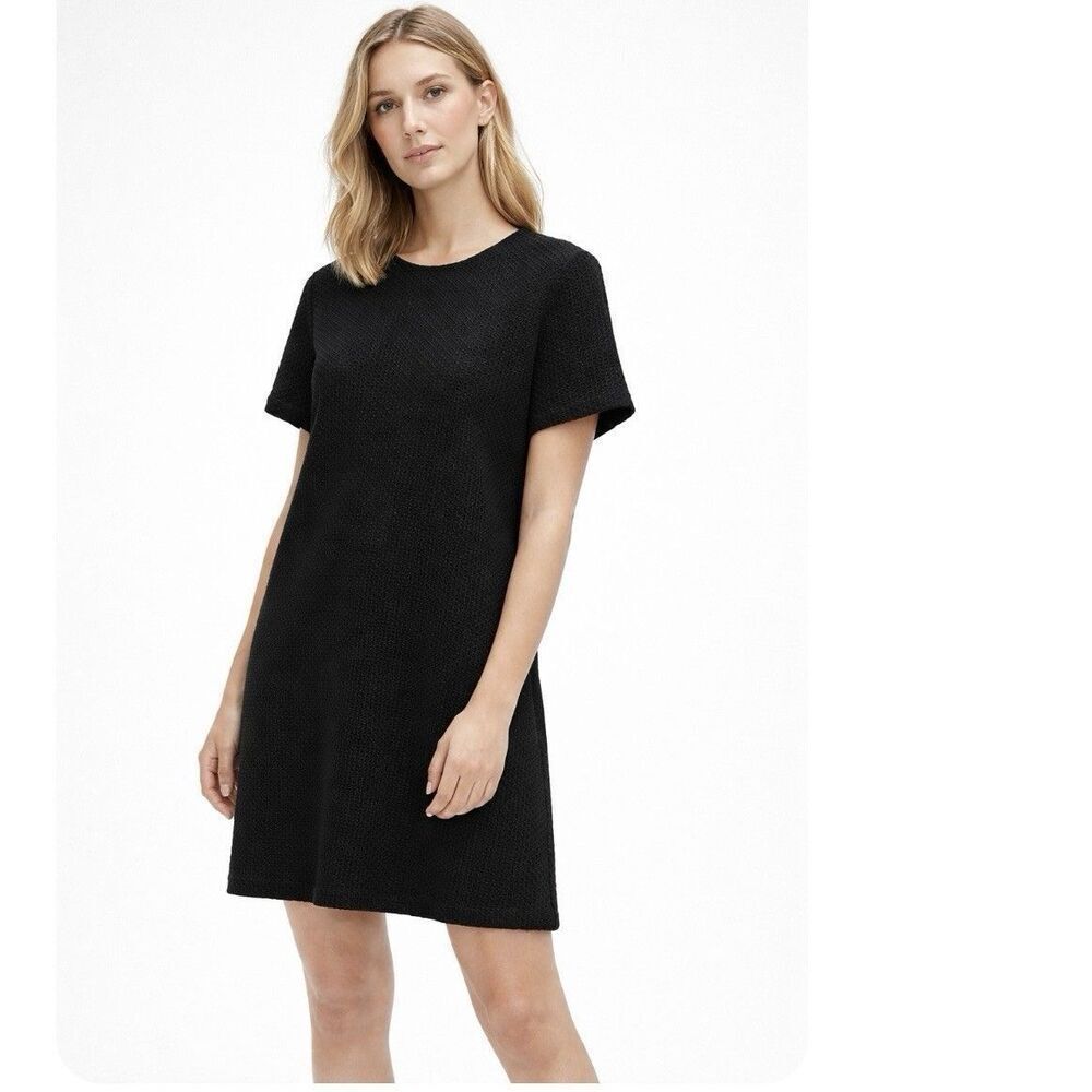 EILEEN FISHER Honeycomb Textured Mini Dress XL Black Shift Tencel Organic Cotton